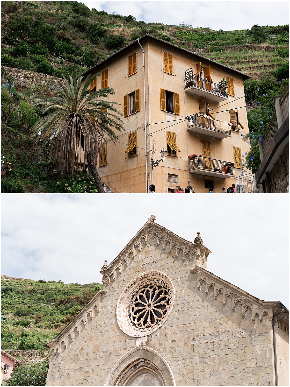 family vacation photographer views of the yellow houses and church at cinque terre