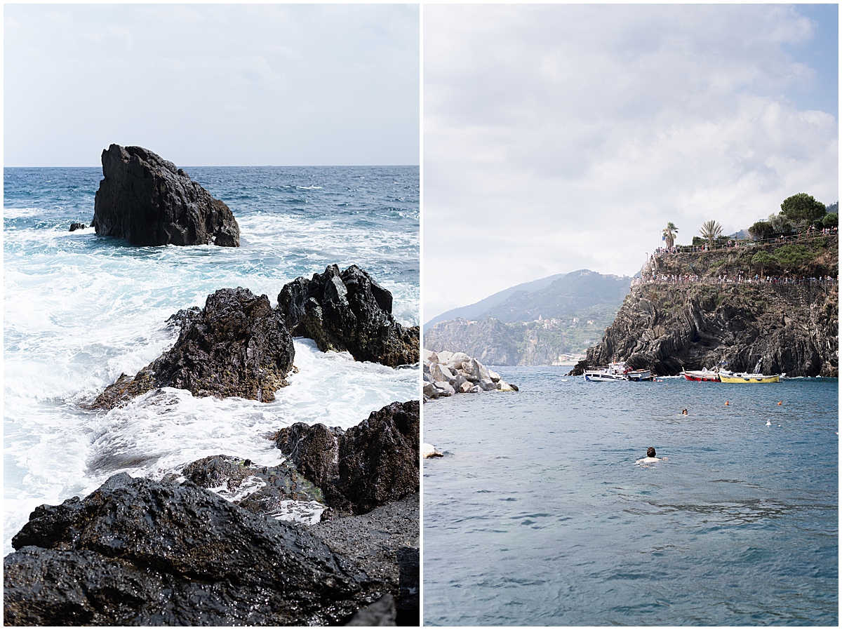 family vacation photographer mediterranean crashes against rocks and cliffs at cinque terre