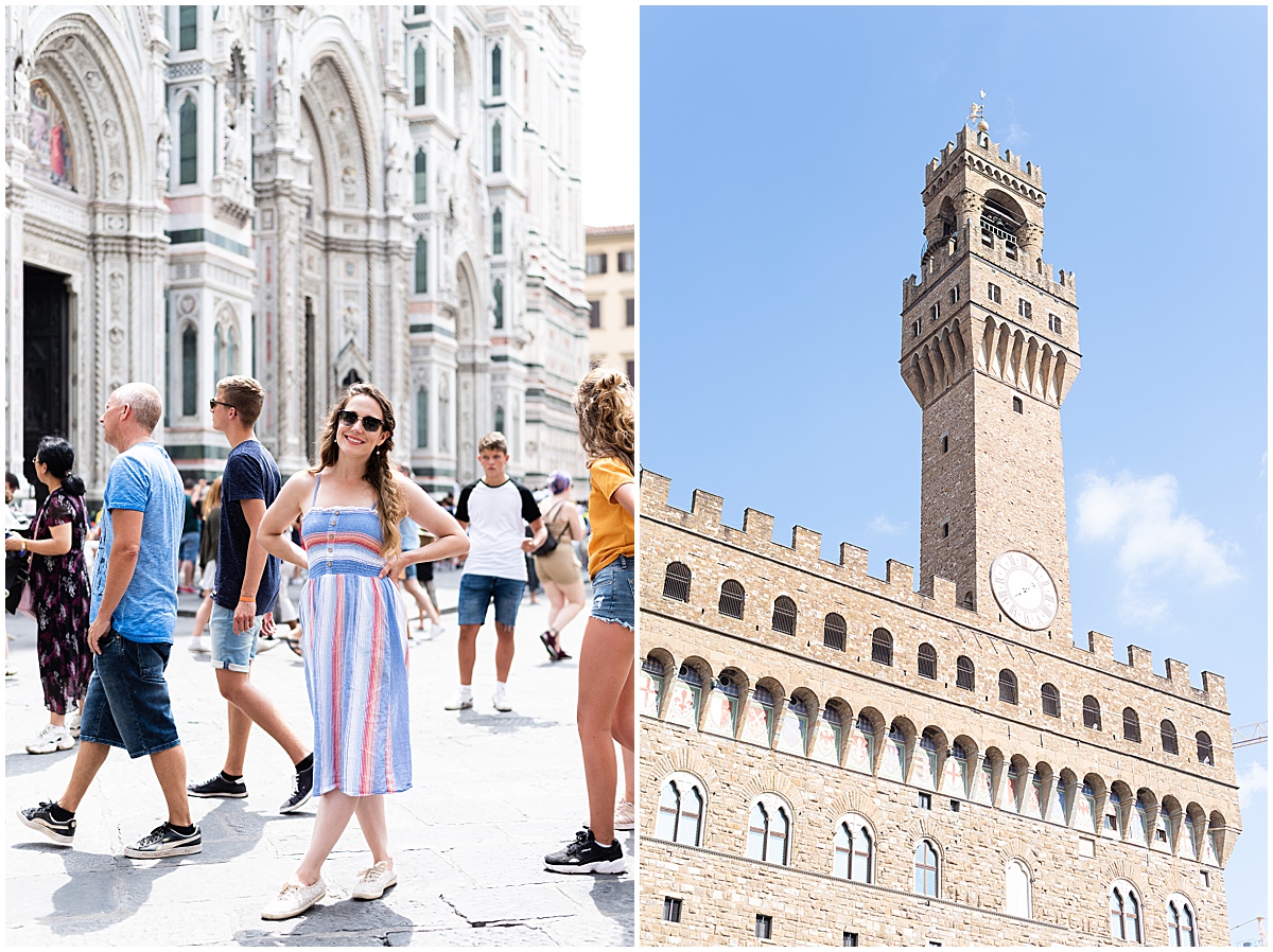family vacation photographer woman in blue and red dress stands beside the duomo
