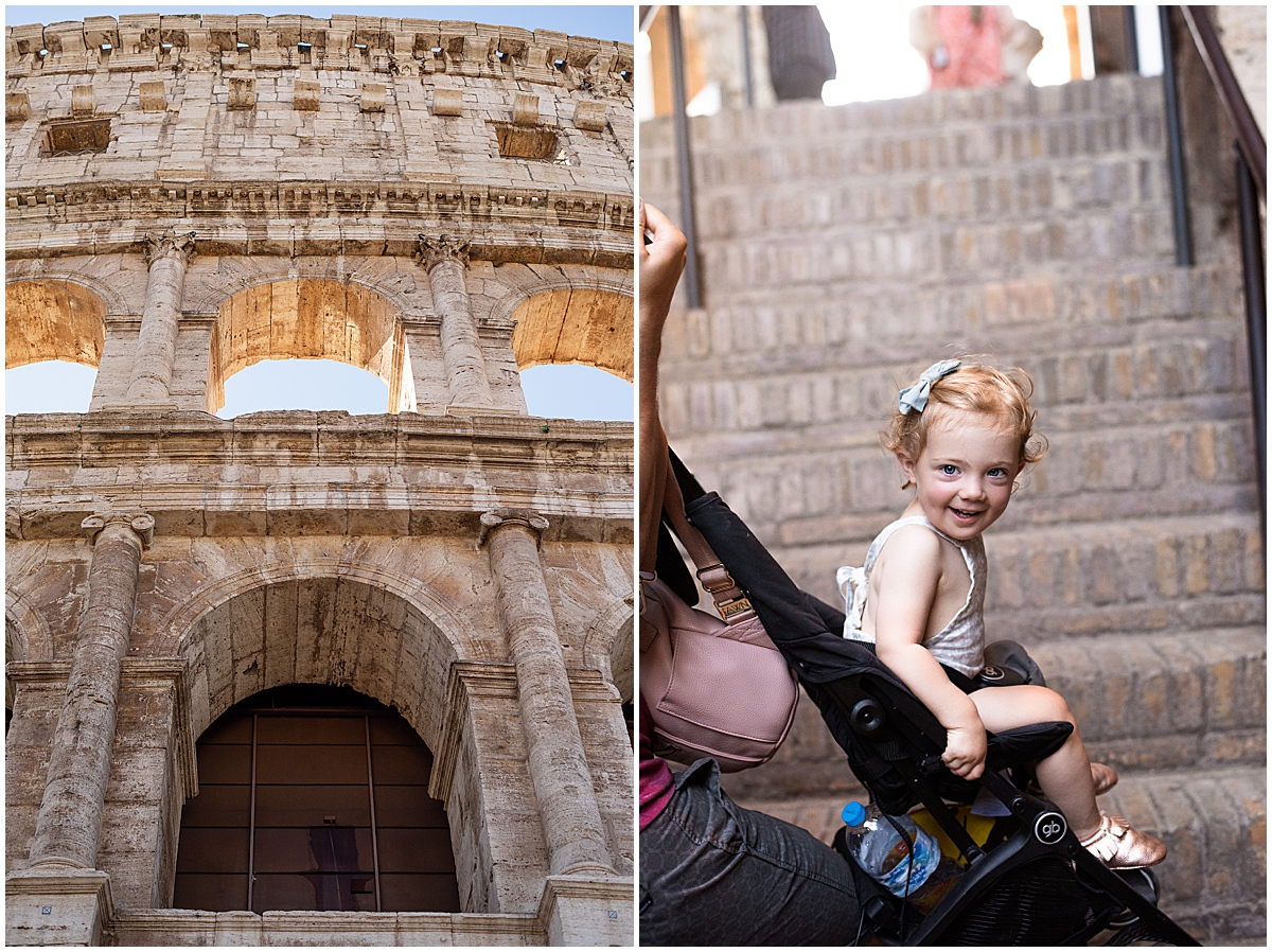 europe travel photographer toddler is carried up the stairs at the colusseum