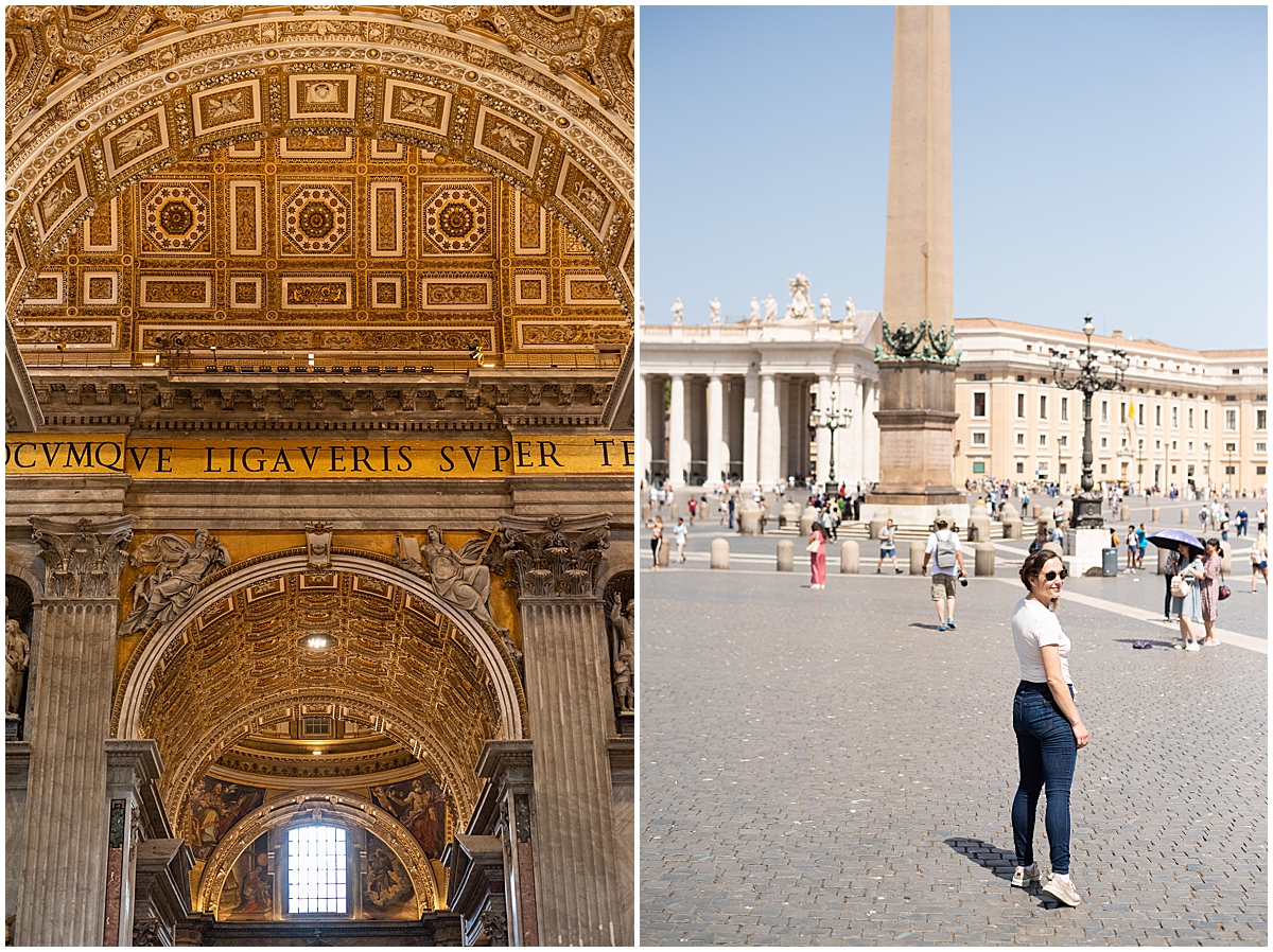 europe travel photographer woman walks around St Peters Square