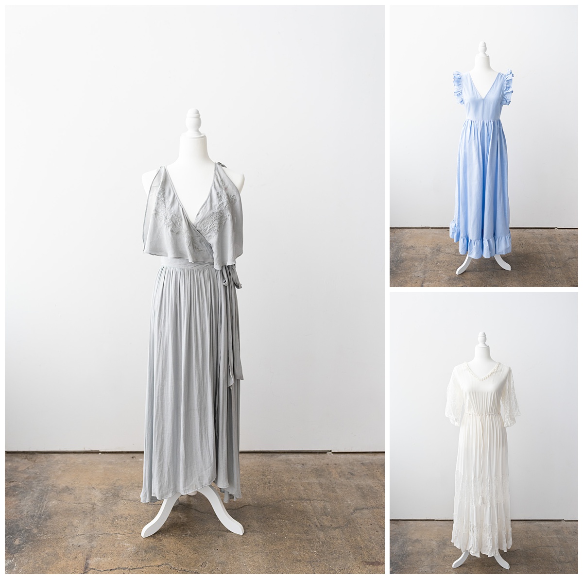 white, gray and blue gowns pair well for what to wear for your photography session