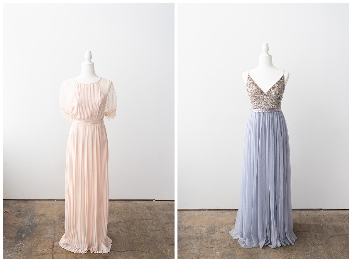 lavender and peach gowns for use in studio wardrobe