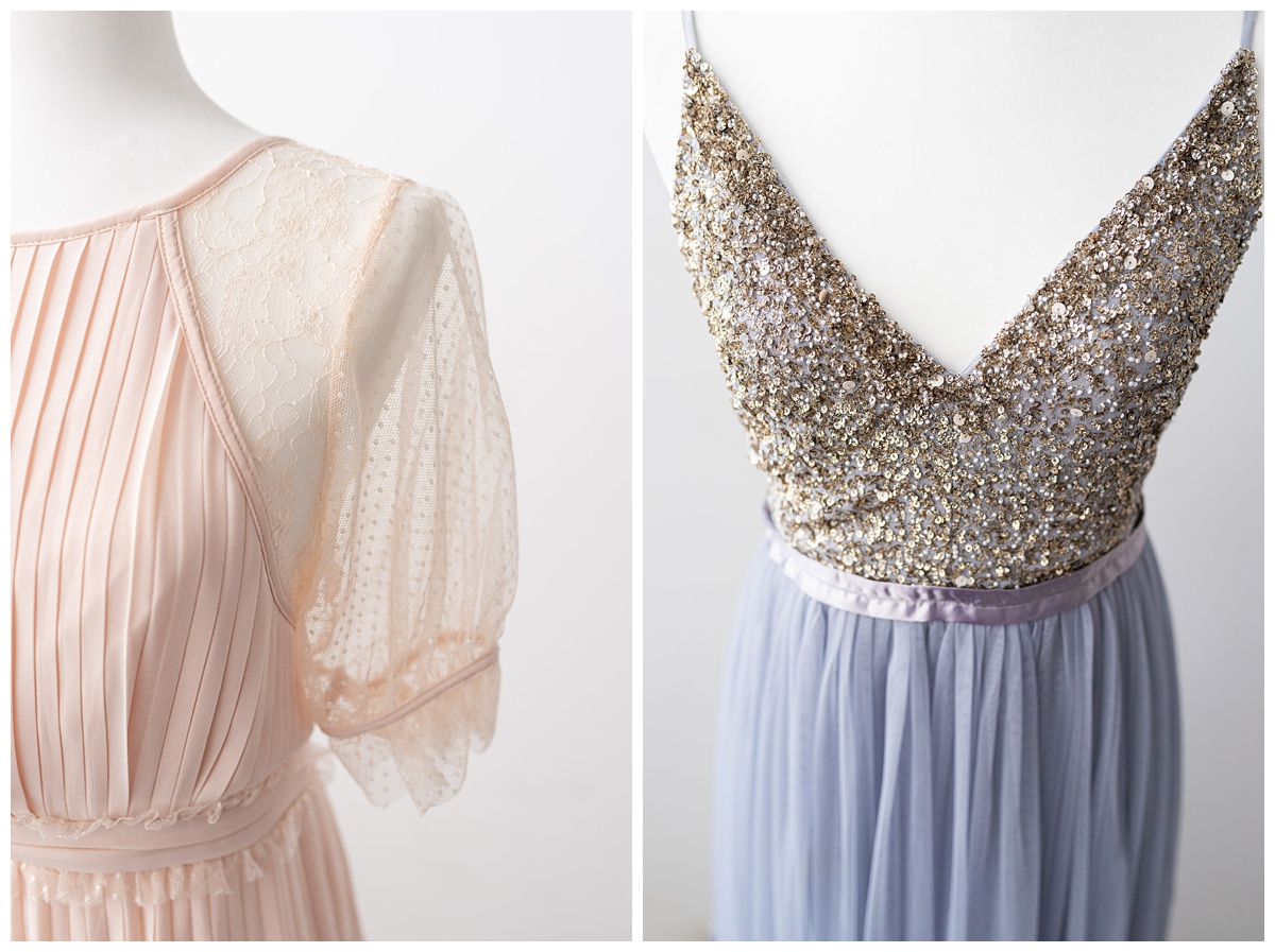 sequin and lace details on gowns