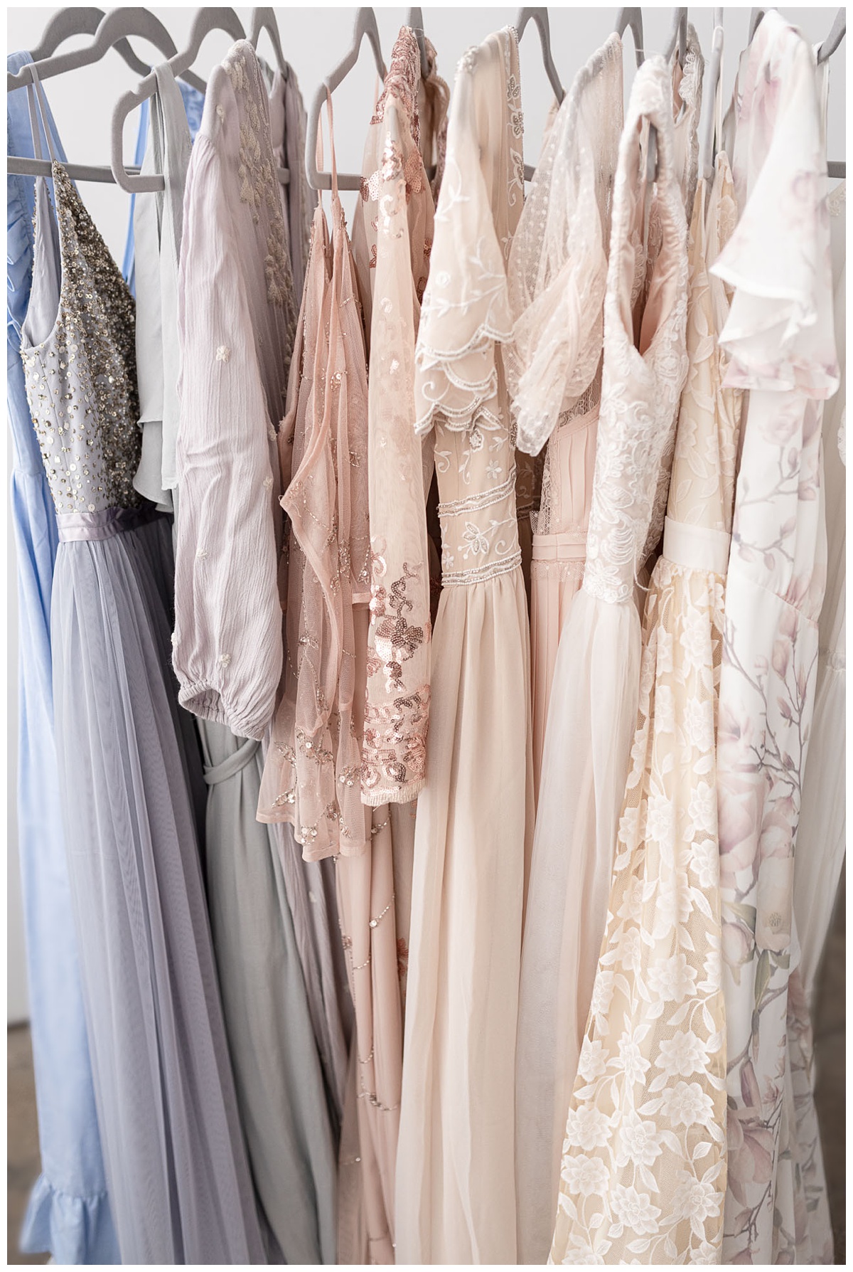 details from designer gowns in pastels