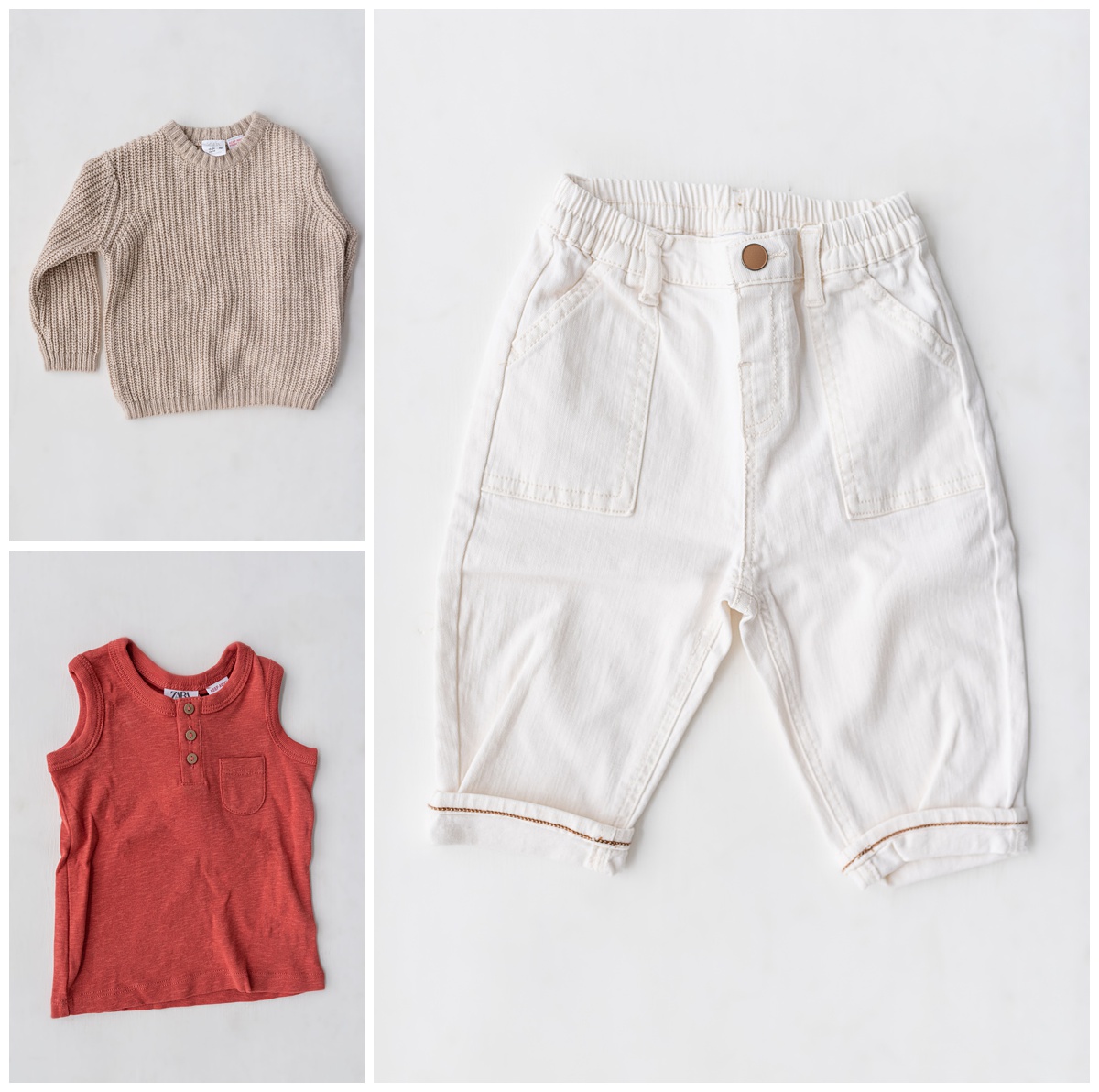 details of red, cream, and white boy clothes in the studio wardrobe