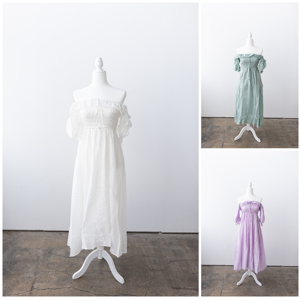 boho dresses in white, green, and lilac
