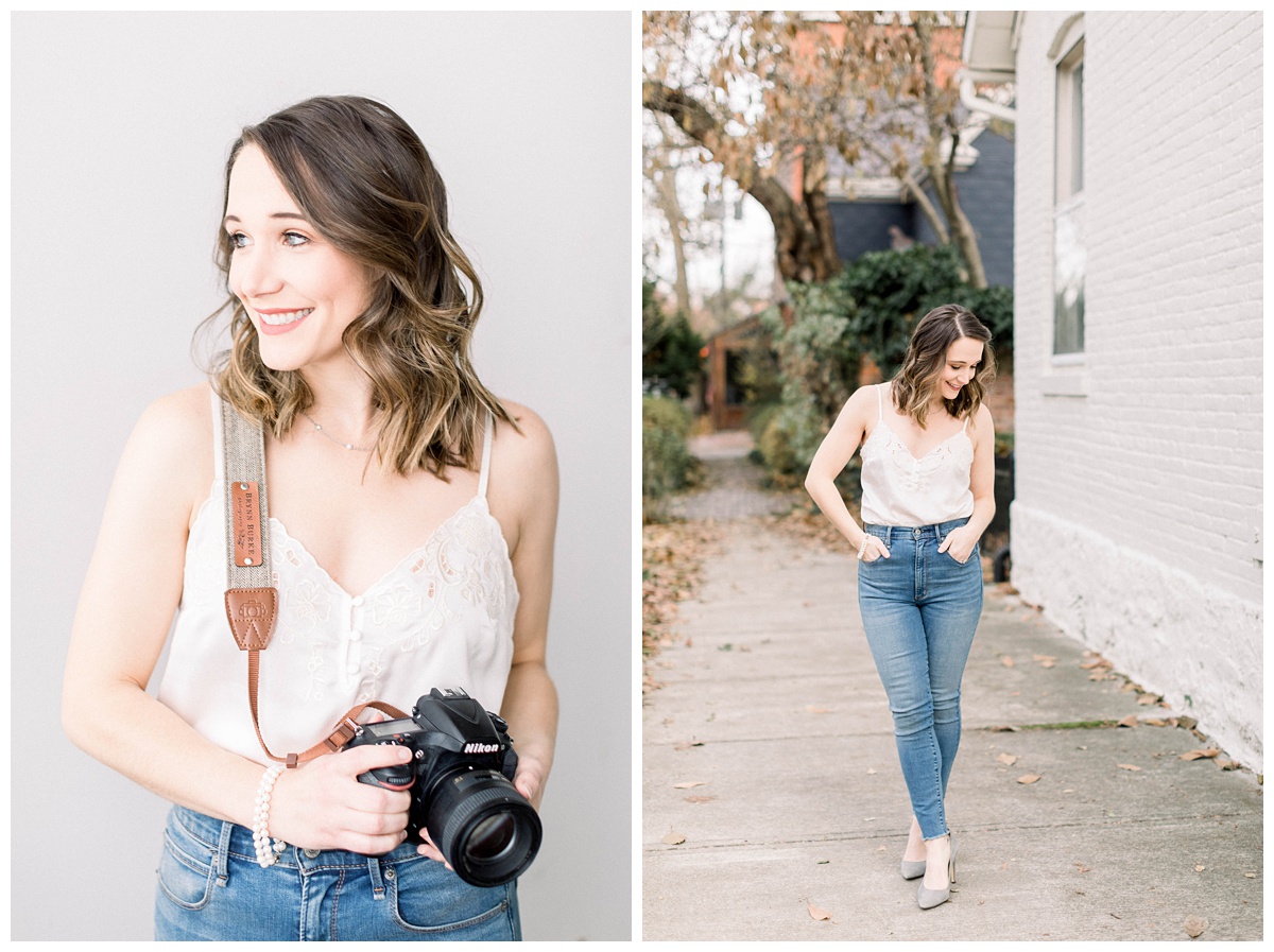 portraits of the photographer brynn burke in white top and jeans with camera in studio and outside