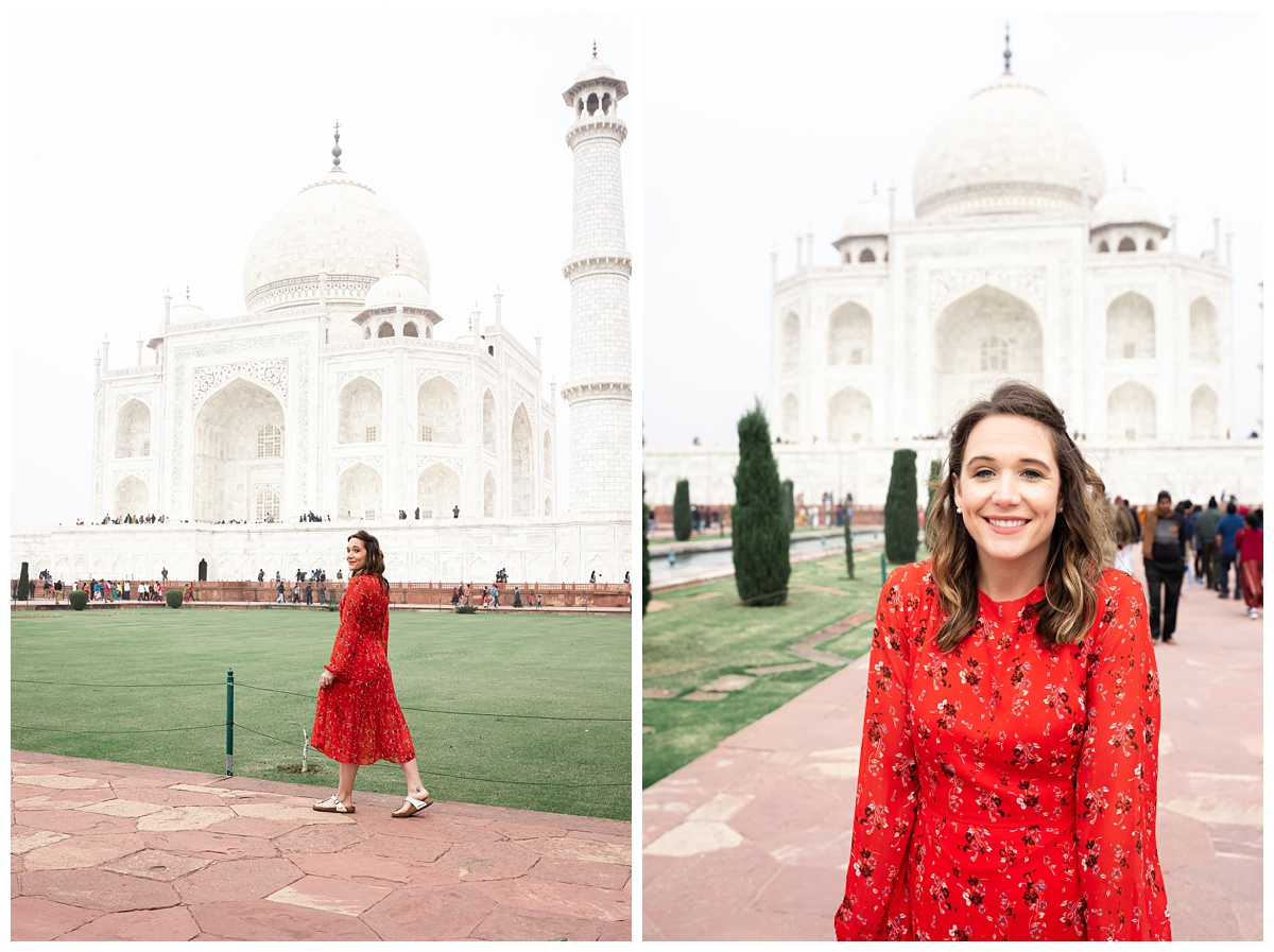 ohio lifestyle photographer in front of the taj mahal in red dress