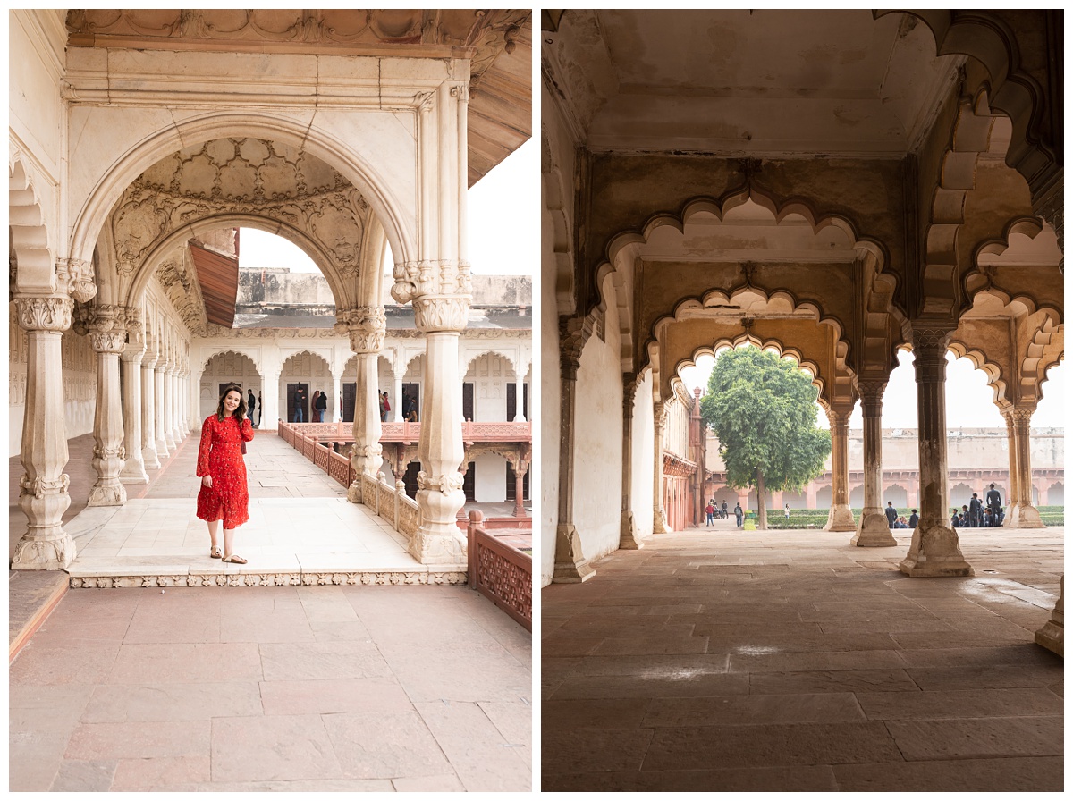 ohio lifestyle photographer stands in marble archway at agra fort