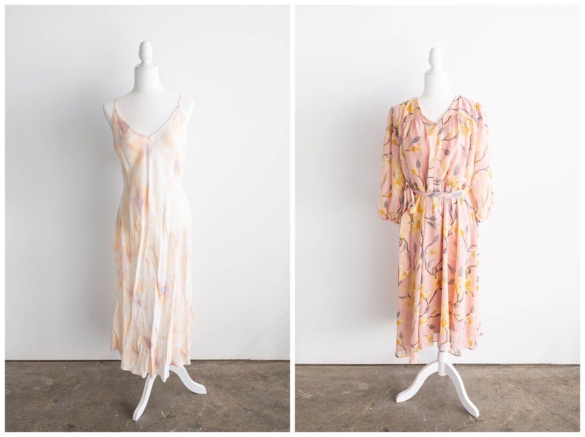 peach and floral dresses against white wall