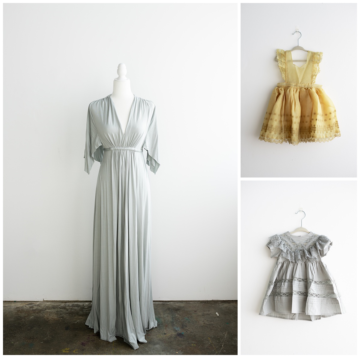 Yellow noralee tulle dress and grey lacy dress on white wall and blue rachel pally dress