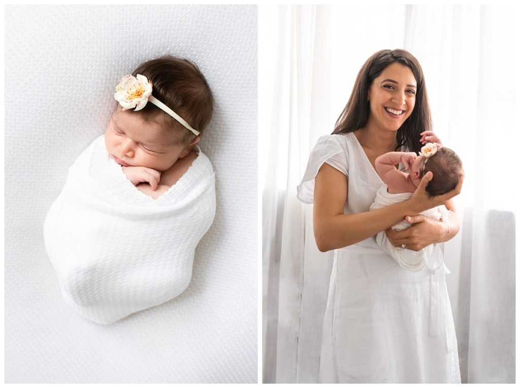 columbus studio newborn in white wrap with mom holding her