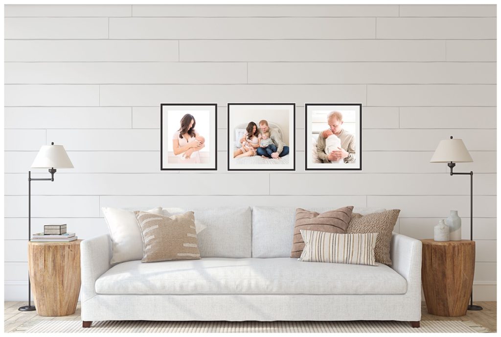 two reasons you should print your photos mock of up living room with couch and three frames with newborn pictures added to it