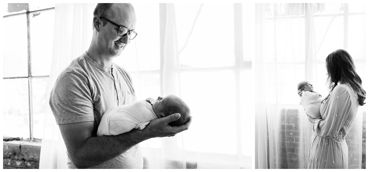 black and white images of mom and dad holding newborn
