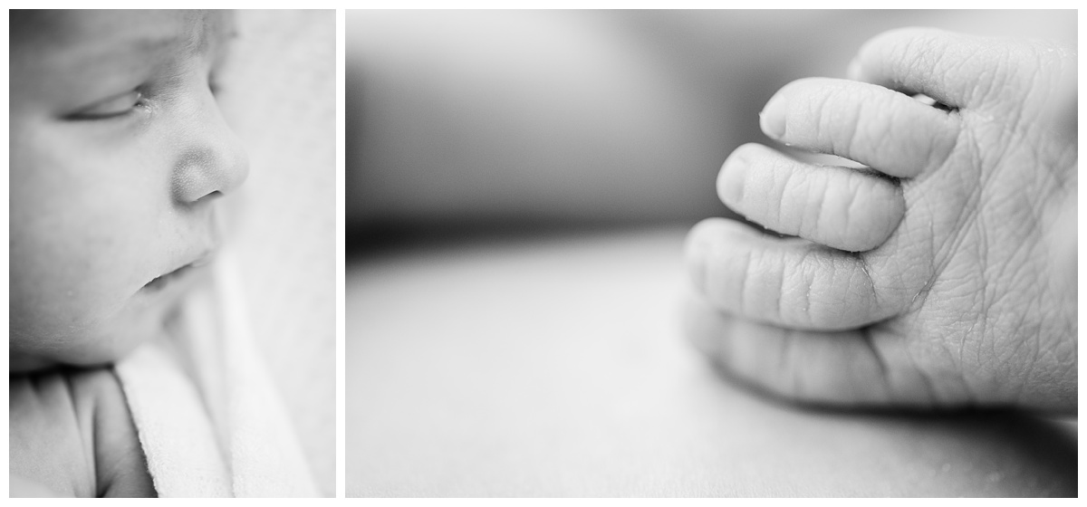 black and white detail images of newborn nose and toes