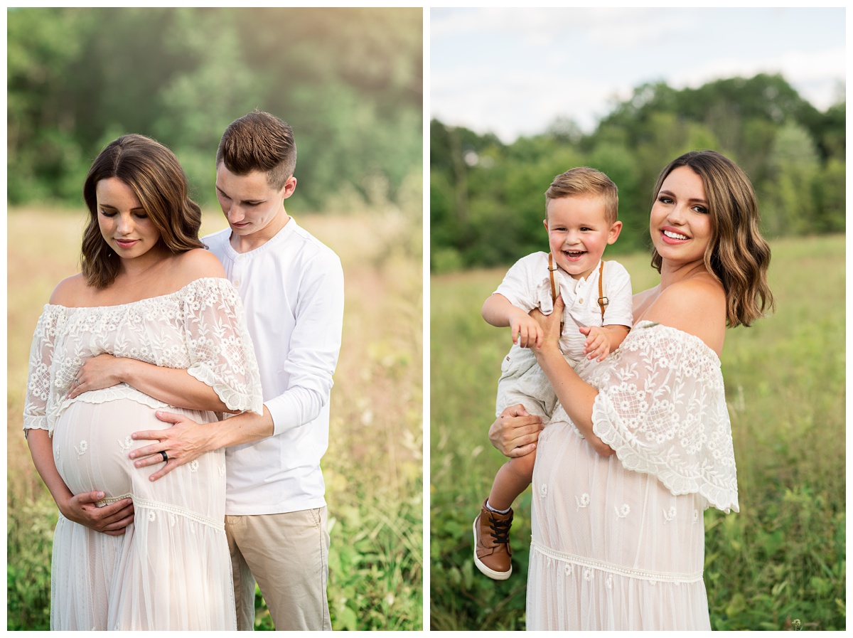 mom snuggles with family for her field maternity session in columbus