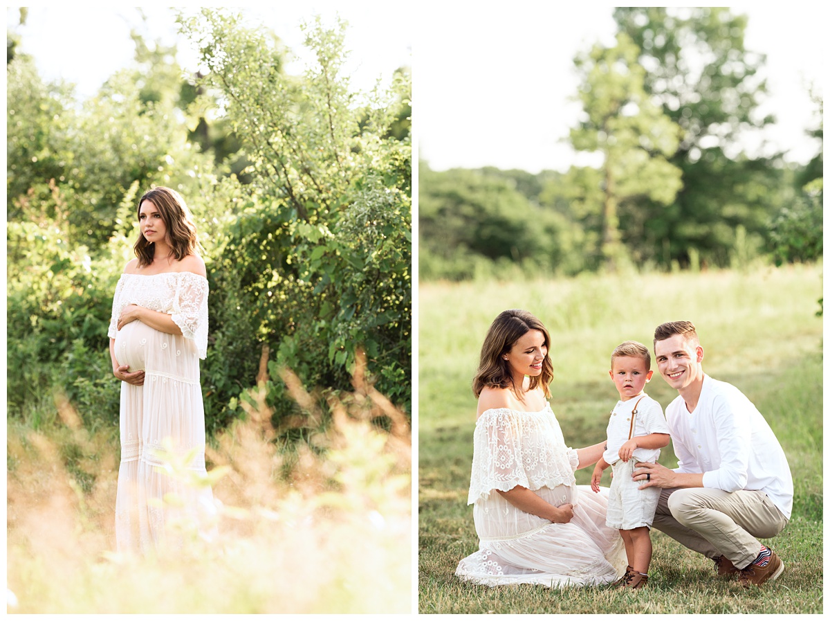 pregnant mom in boho dress smiles with her family in columbus field maternity