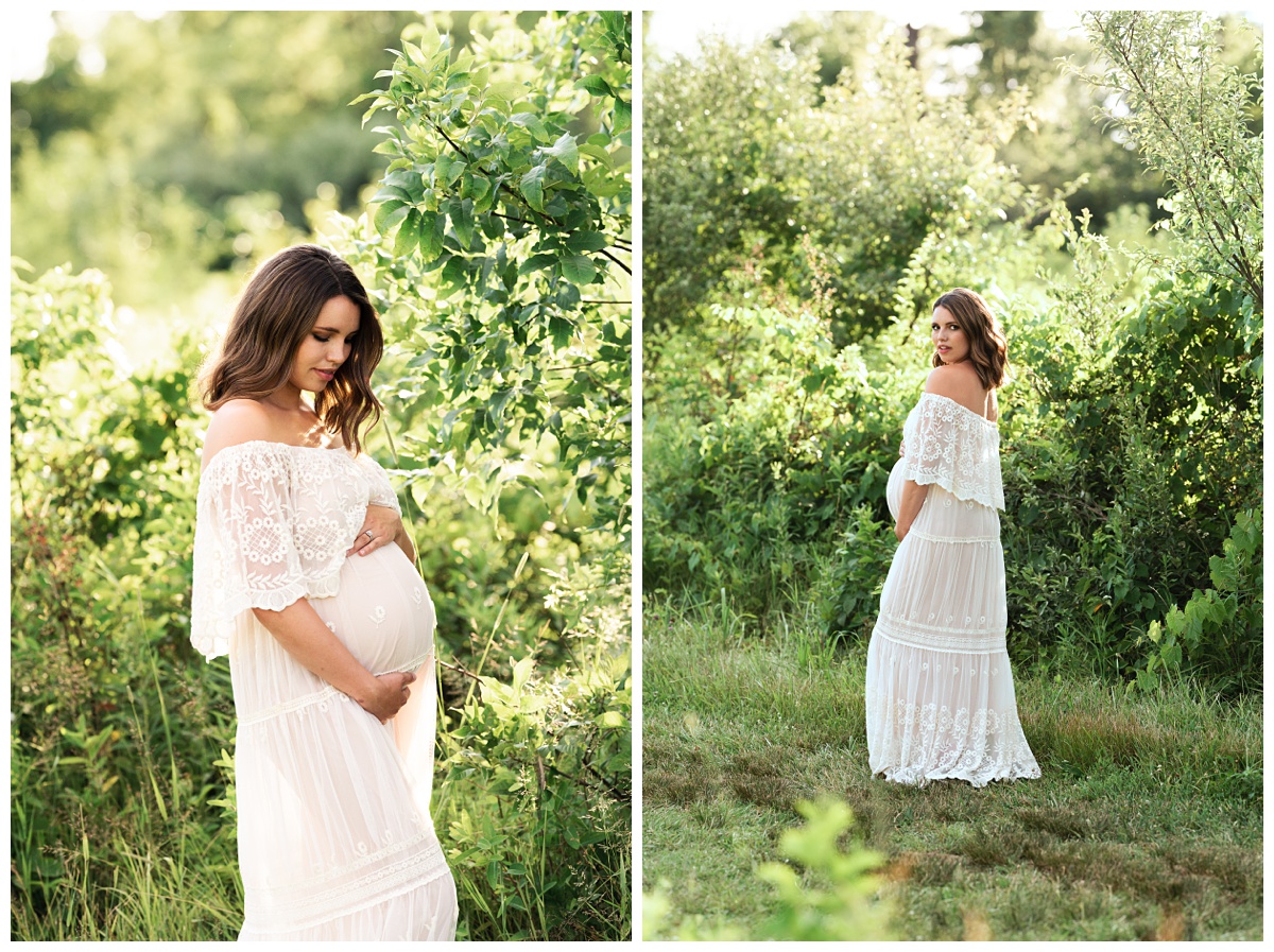 beautiful mom in ivory boho dress looks at belly in maternity session