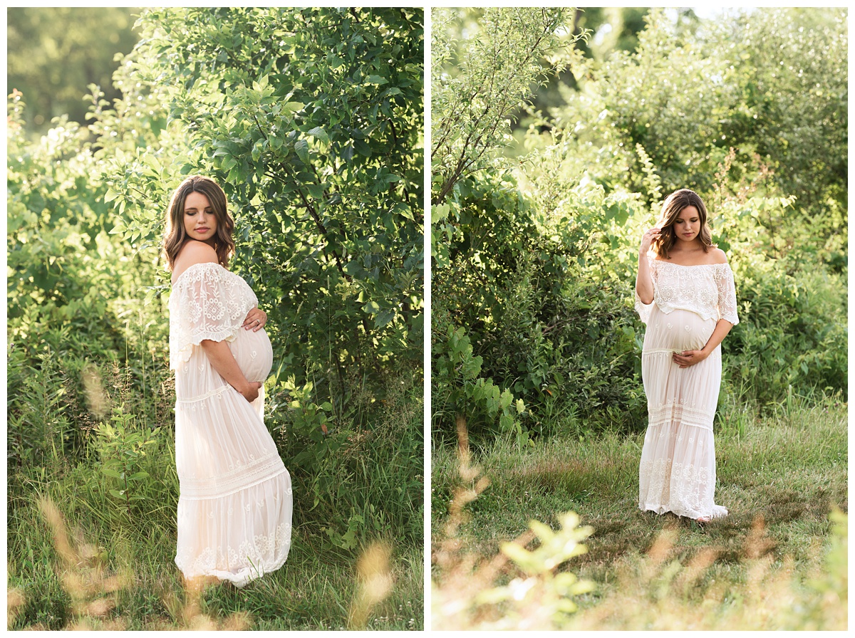 mom walks in the field in summer maternity session columbus ohio