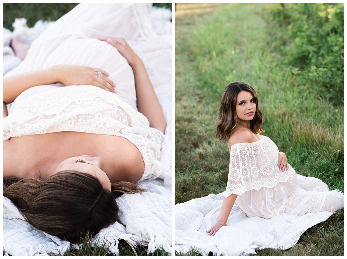 boho pregnant mom lays in field for her maternity session