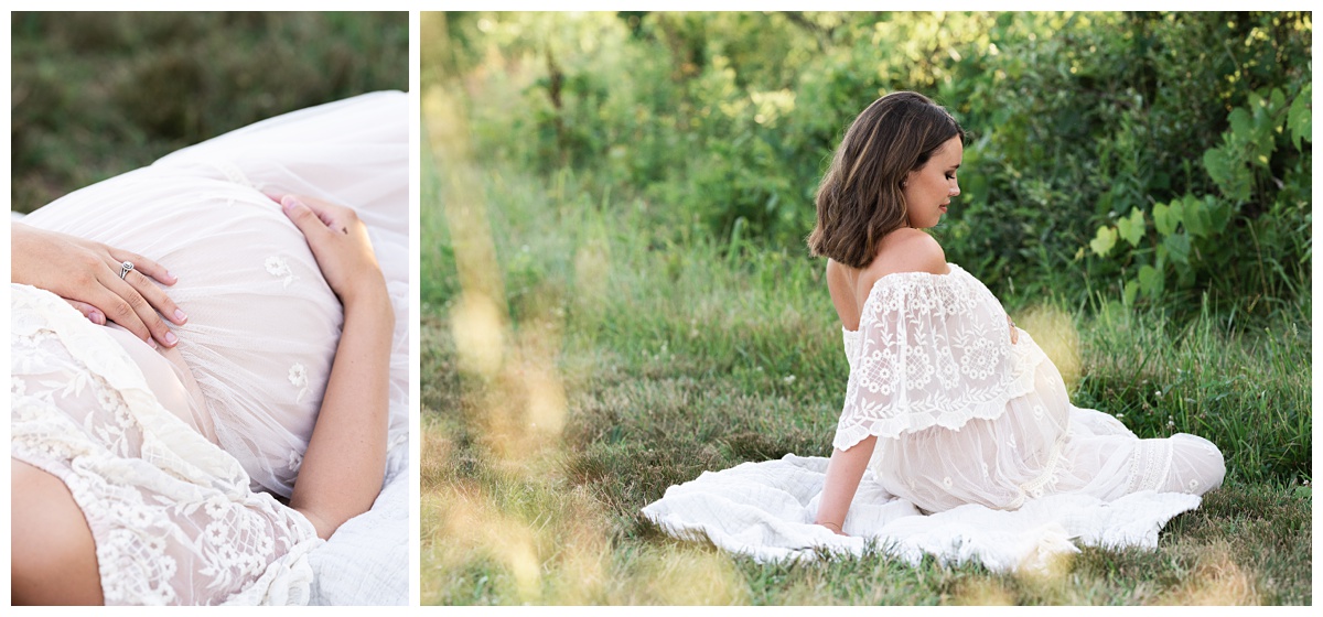 mom sits in field for her columbus ohio field maternity session