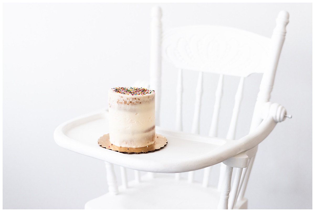 studio cake smash in simple white colors with bright sprinkles