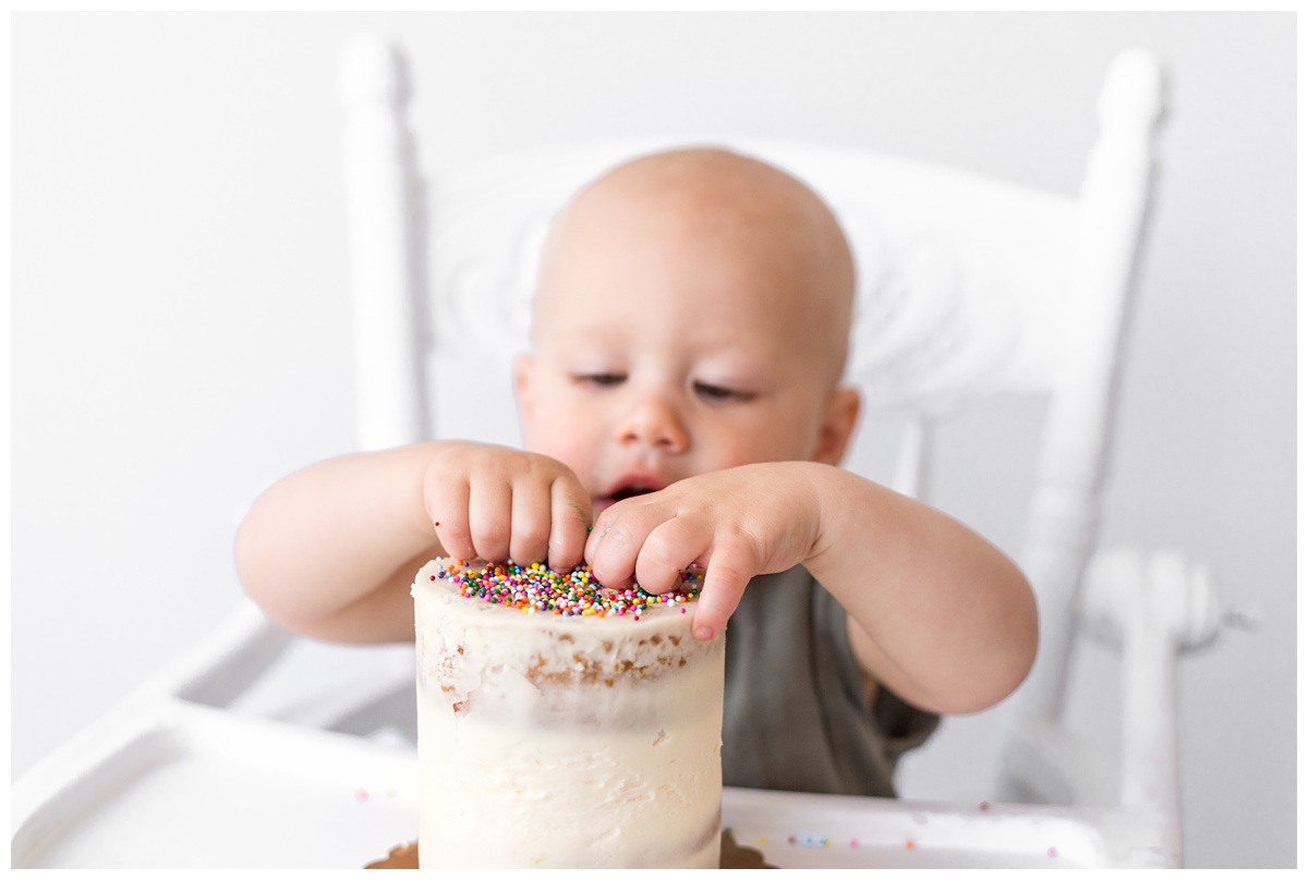 studio cake smash one year old digs into cake with rainbow sprinkles