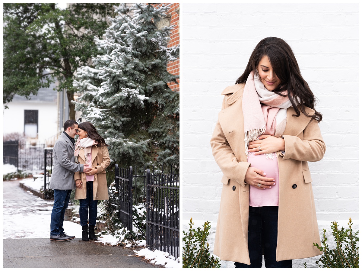lifestyle maternity woman with pink shirt and tan coat in the snow