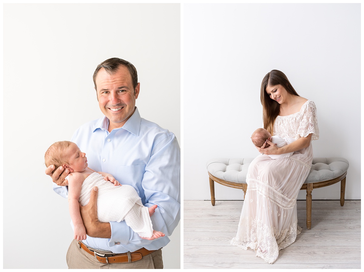 blue studio newborn session columbus mom and dad portraits with sleeping boy 