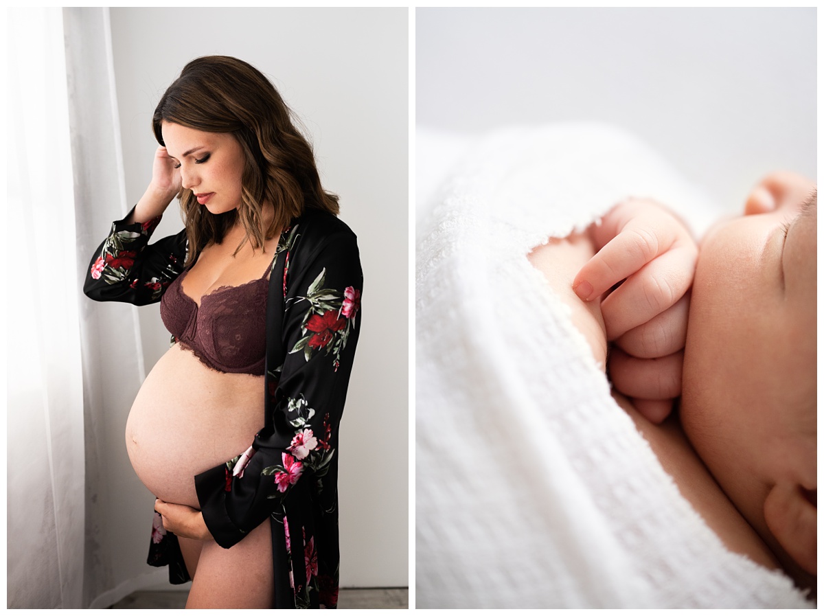 Top Newborn Photographer Columbus Ohio mother cradles bare pregnant belly in studio