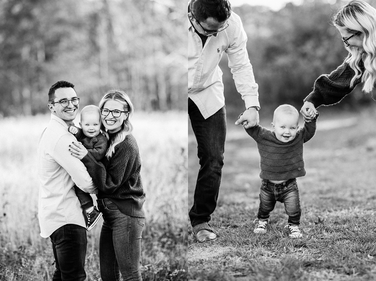 Top Family Photographers Columbus Ohio black and white portraits of baby boy walking