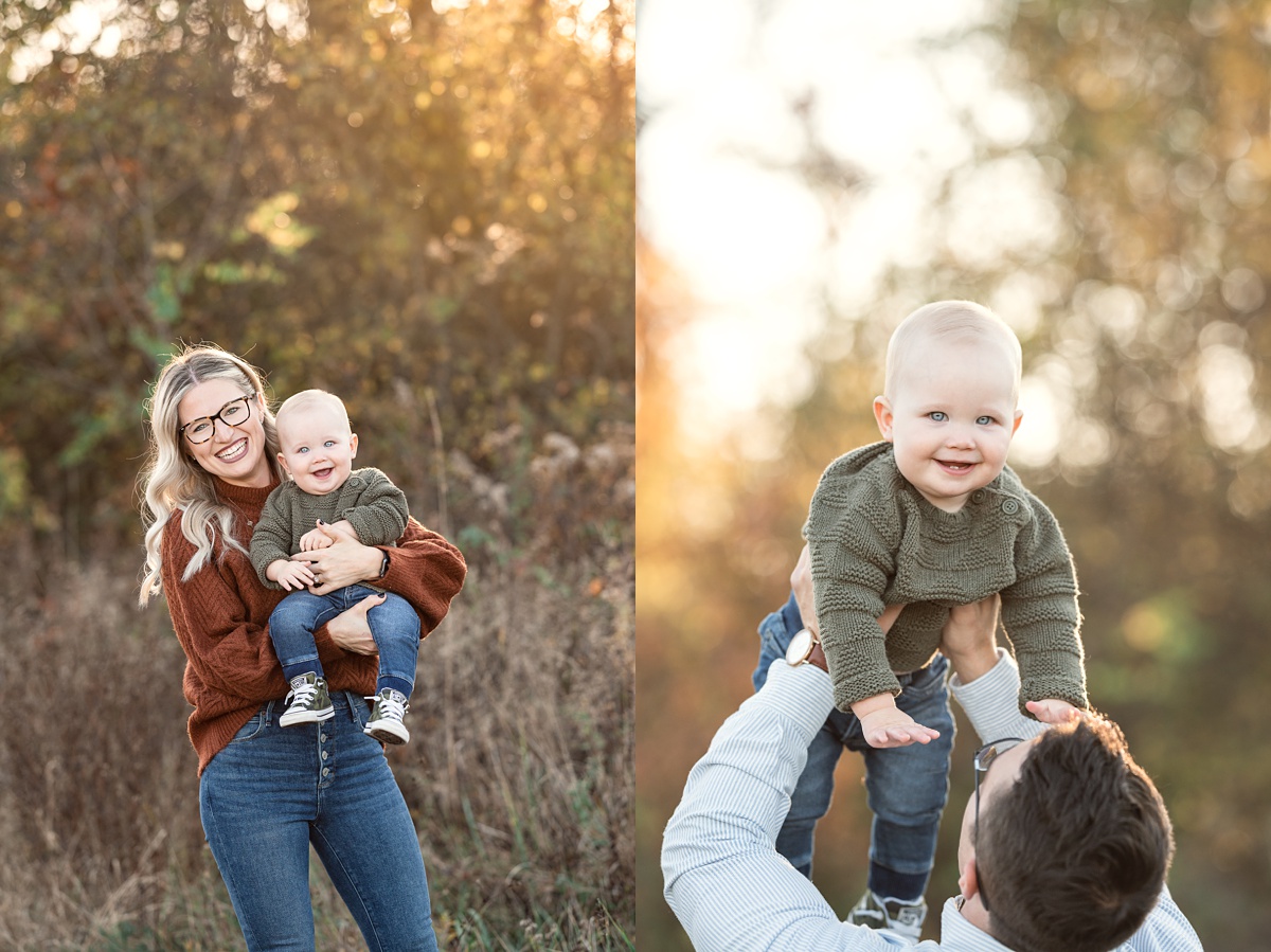 mom and dad play with toddler boy in field at sunset lifestyle family photography columbus