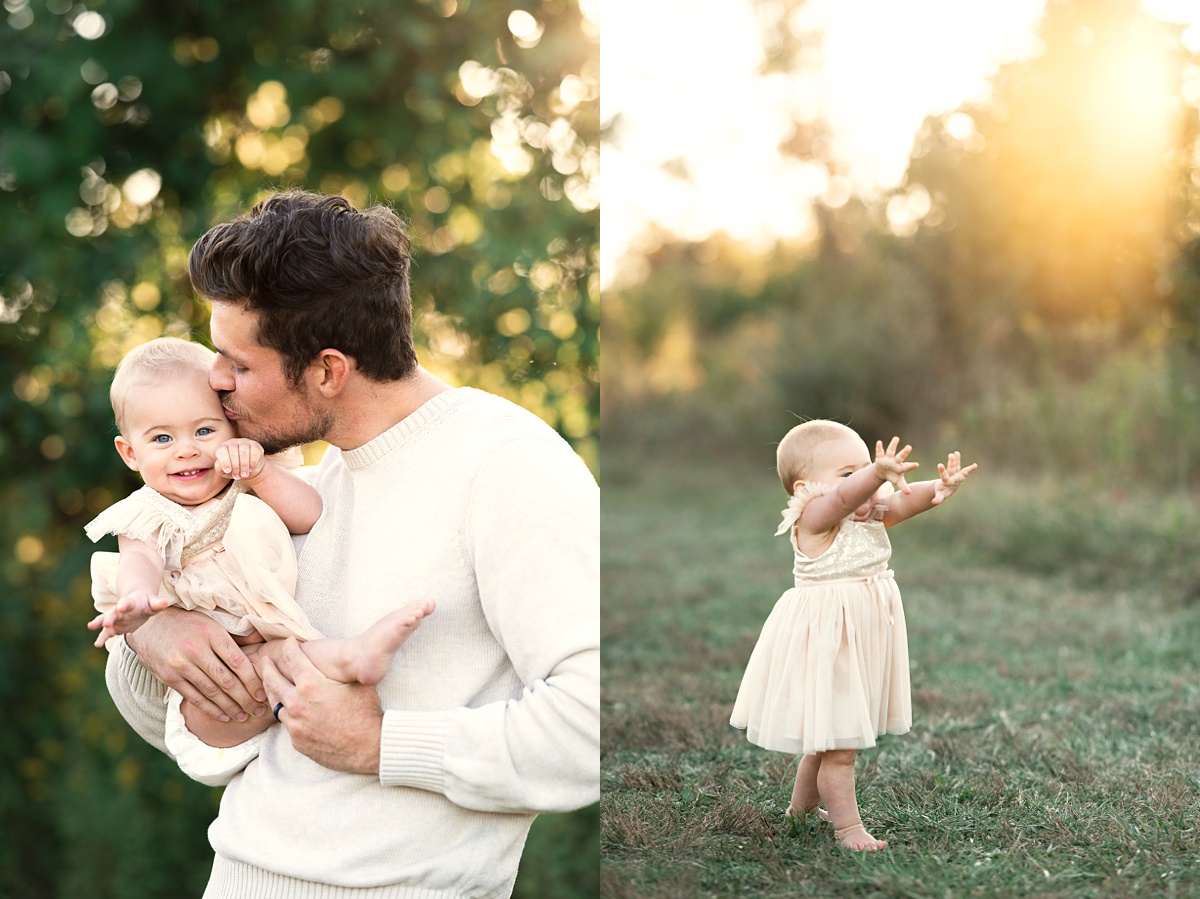 columbus family photographer dad in cream sweater kisses one year old in blush dress