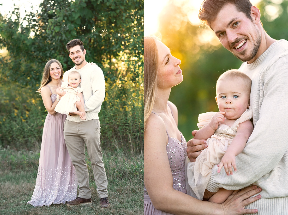 award winning columbus family photographer mom and dad hug holding toddler in field