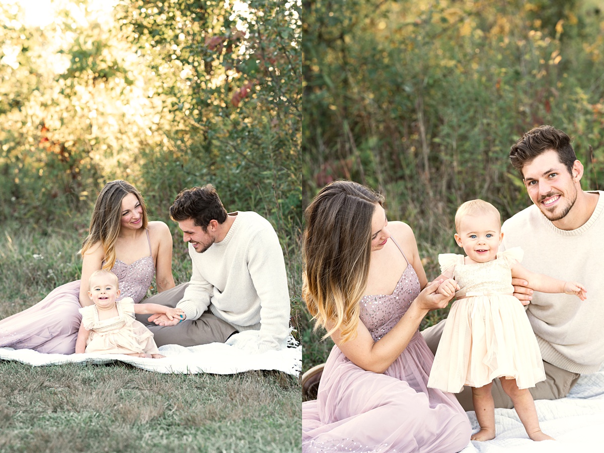 mom and dad sit on blanket with baby outside columbus family photographer