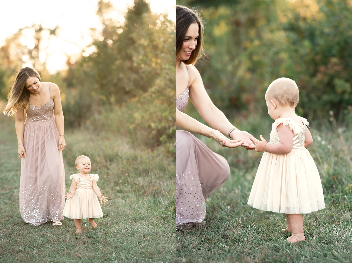 award winning columbus family photographer mom helps toddler walk in dress