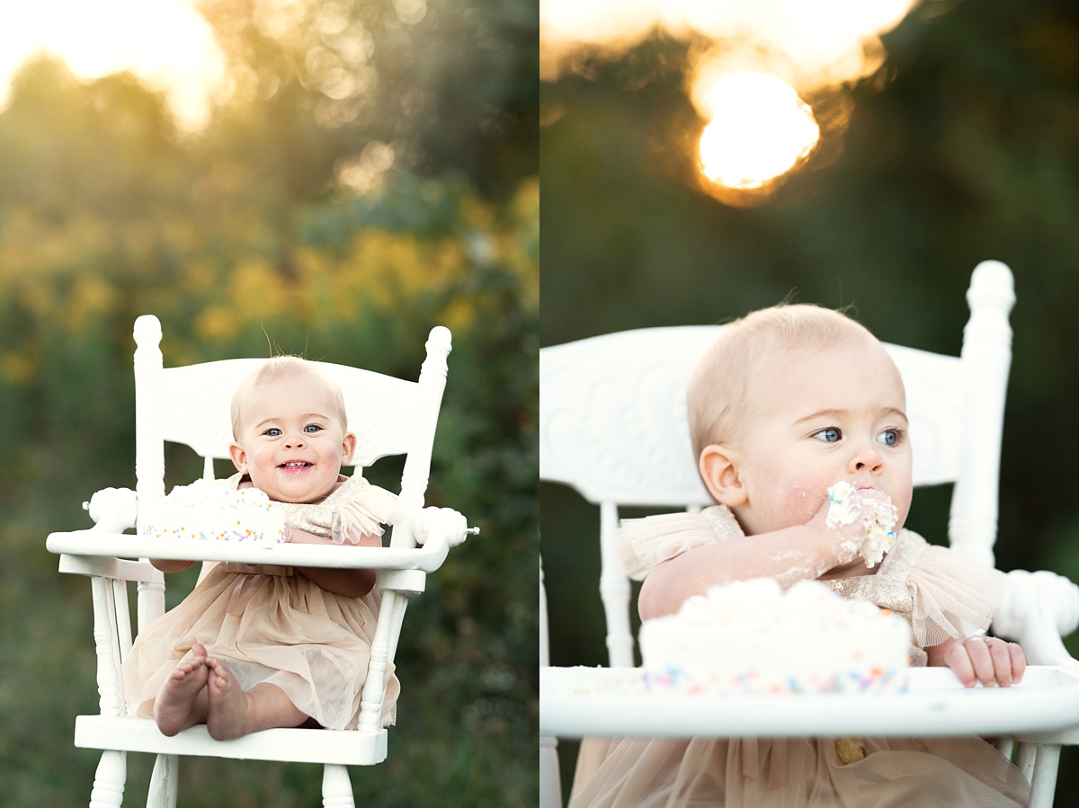 columbus baby photographer baby eats white cake in blush dress outside