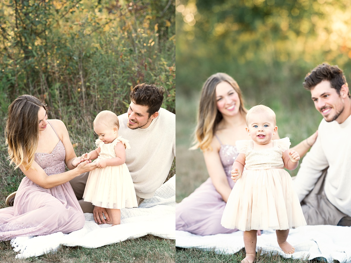 award winning columbus family photographer toddler walks on grass away from mom and dad