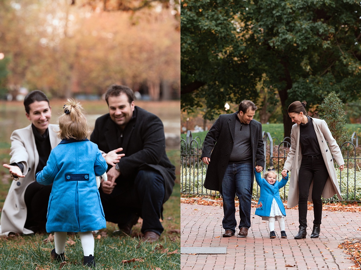 Lifestyle Family Photographer Columbus family with toddler play in schiller park in coats