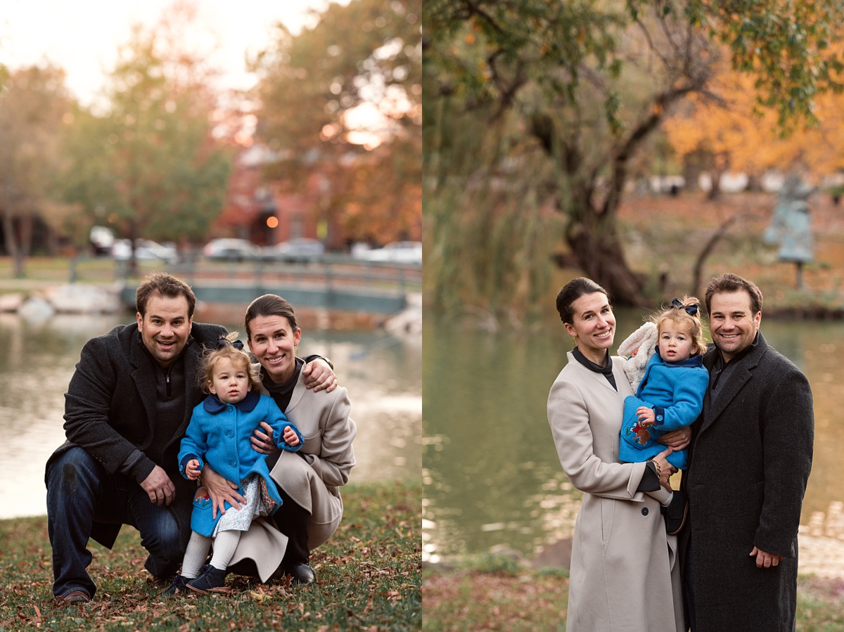 Lifestyle Family Photographer Columbus family of three smile in front of schiller park pond