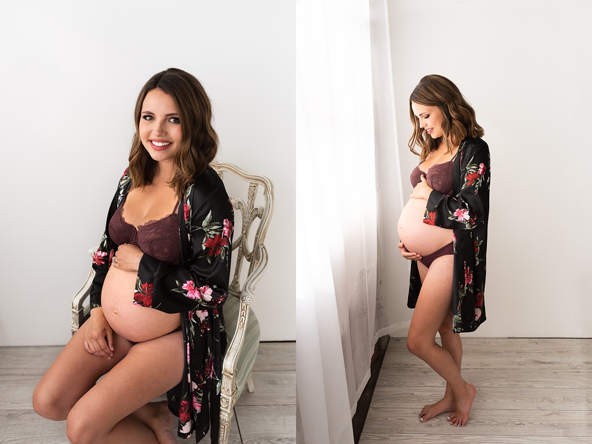 mom in bra and robe smiles at belly Intimate Maternity Photographer Columbus Ohio
