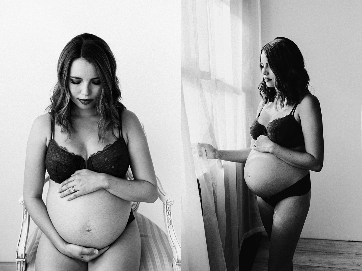 black and white images of intimate maternity session in studio