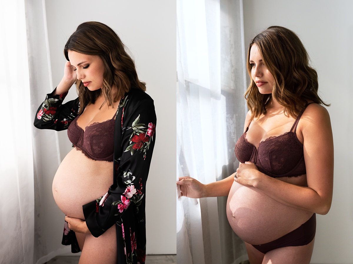 Intimate Maternity Photographer Columbus Ohio pregnant mom looks out the window in studio