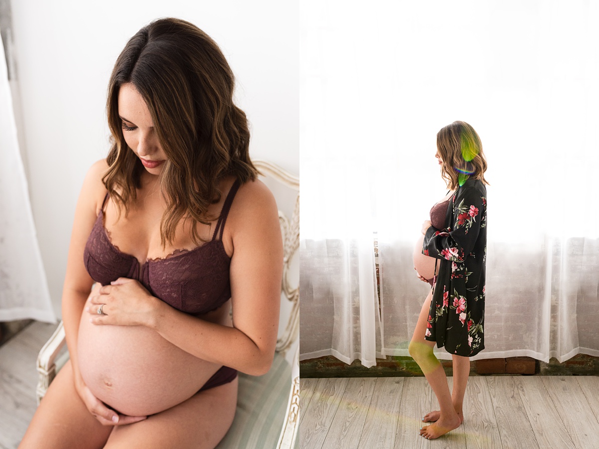 Intimate Maternity Photographer Columbus Ohio rainbow lens flair on pregnant mom profile