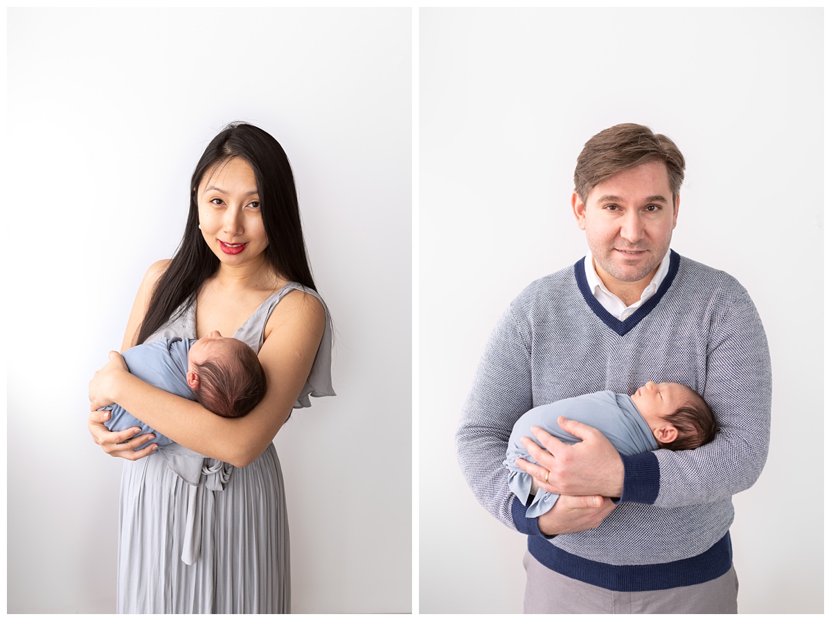 Best Columbus Newborn Photographer indvidual portraits of woman and man holding newborn boy in blue wrap 
