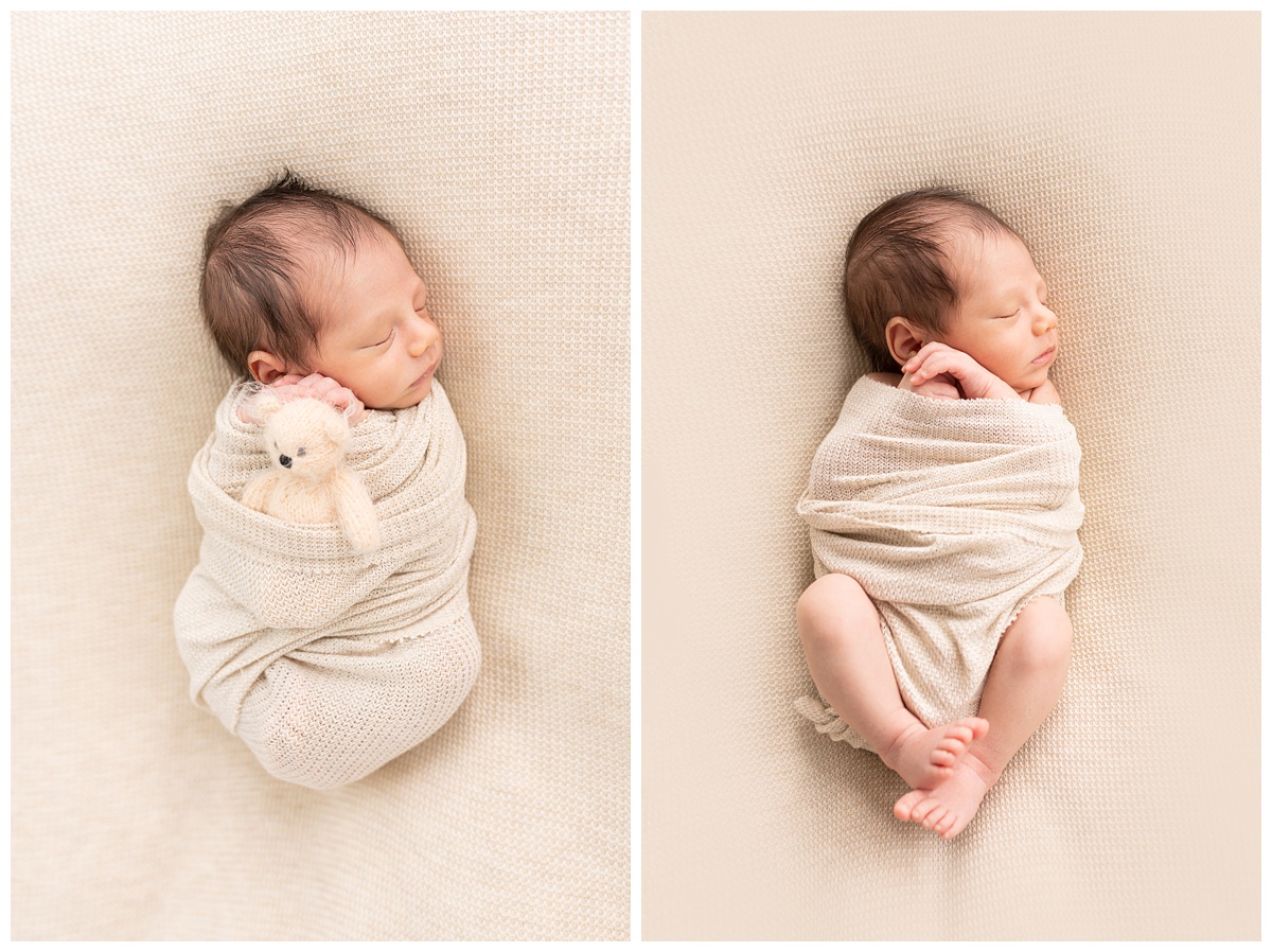 Best Columbus Newborn Photographer baby boy in tan wrap with teddy bear sleeps unposed