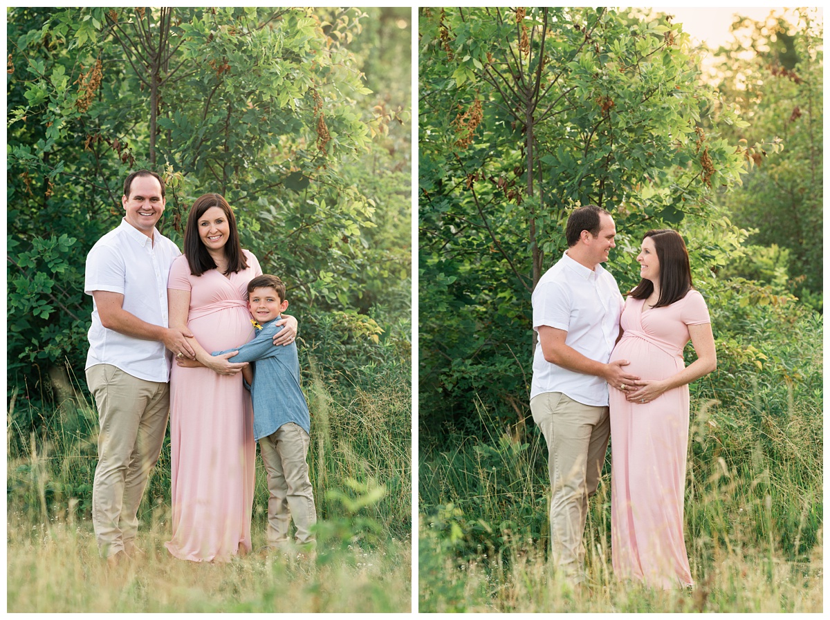 best maternity photographer mom and dad look lovingly at each other with hands on moms belly