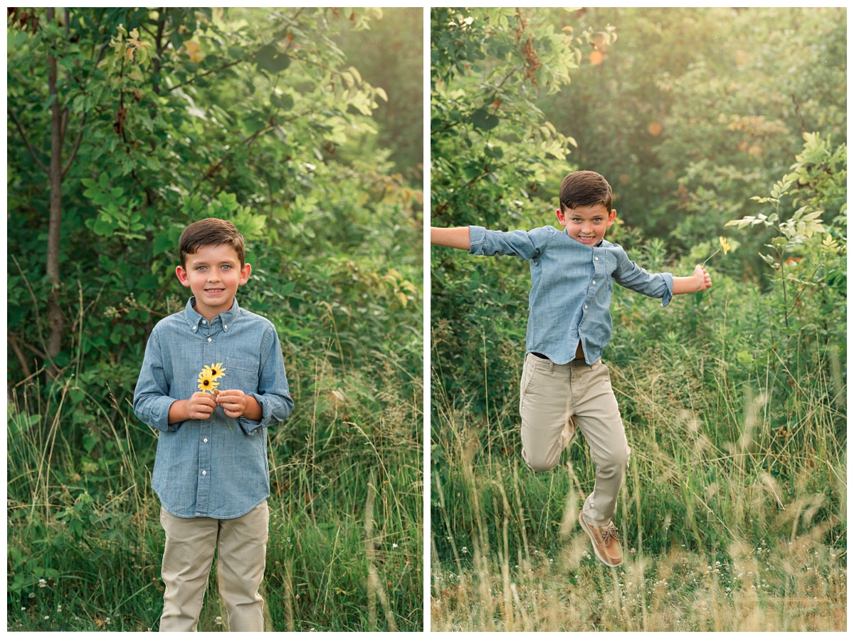 best columbus photographer young boy holds yellow wildflowers and jumps in the air