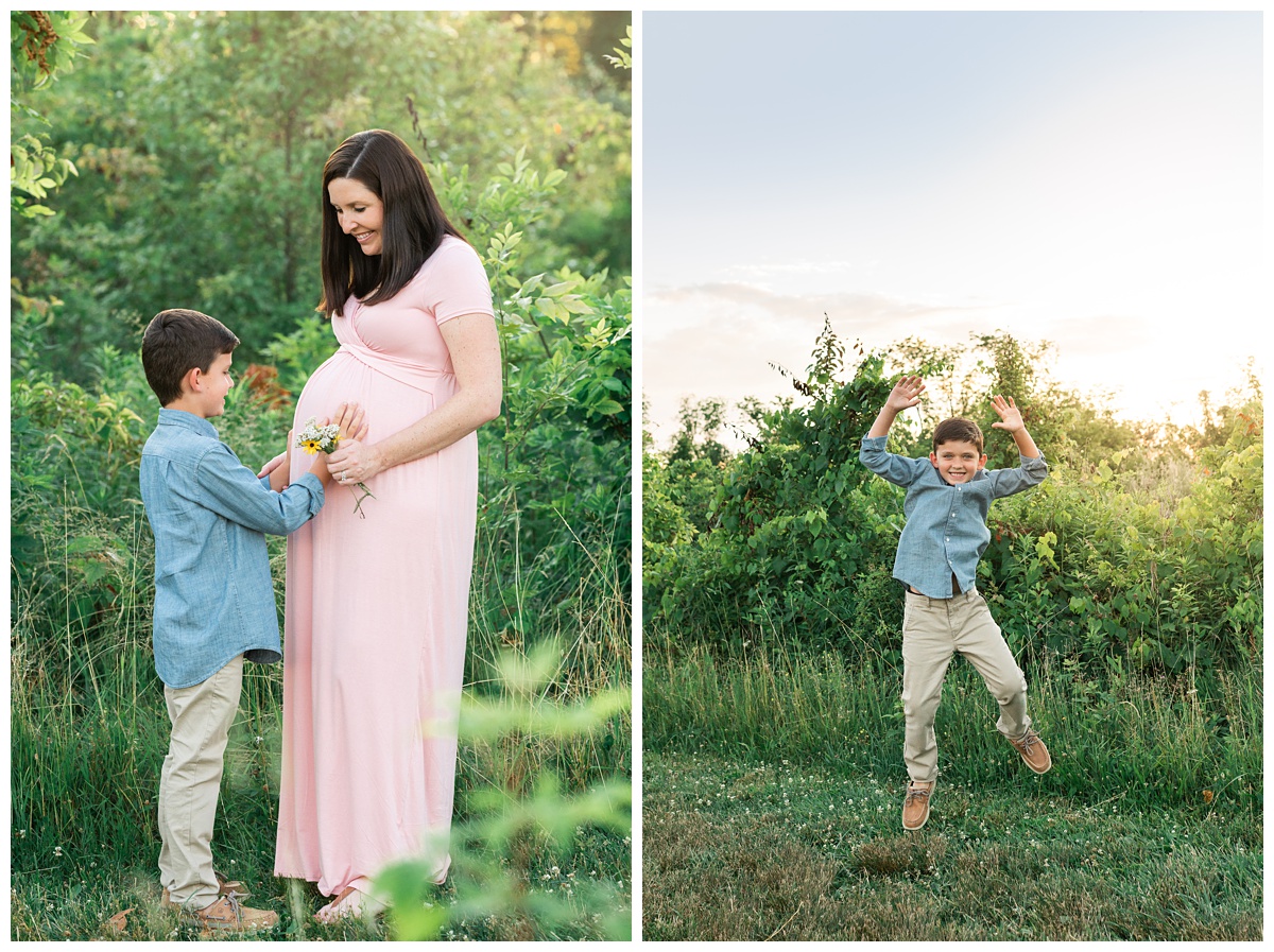 best maternity photographer new big brother with blue shirt and khakis rubs moms pregnant belly